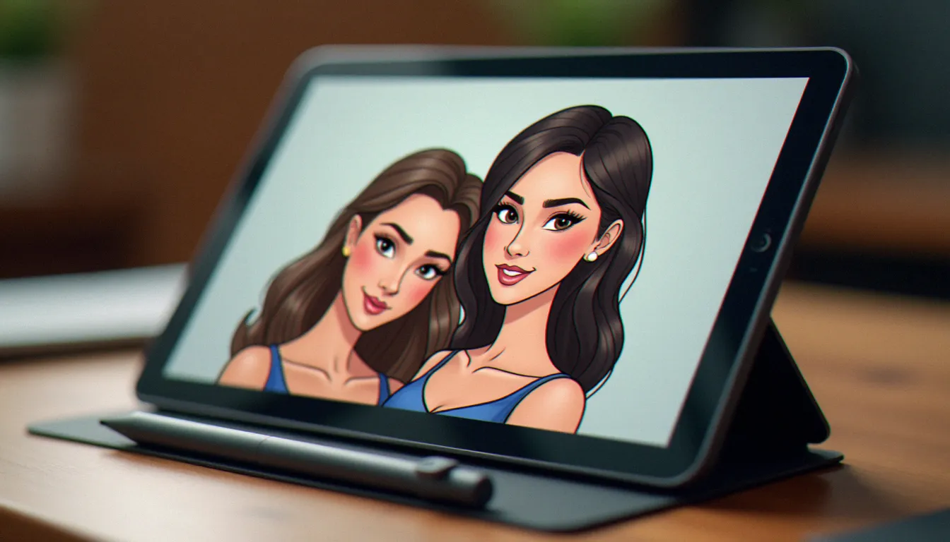 Tablette graphique affichant une illustration numérique de portrait de deux amies, style dessin digital, lumière de bureau naturelle