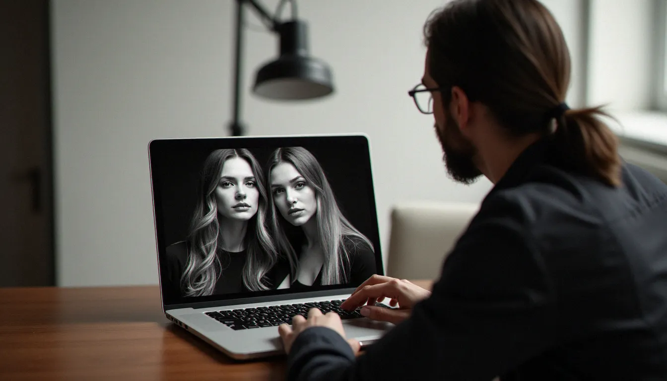 Photographe professionnel retravaillant artistiquement un portrait de deux amies sur ordinateur portable, rendant l'image proche d'un dessin, dans un studio minimaliste toulousain