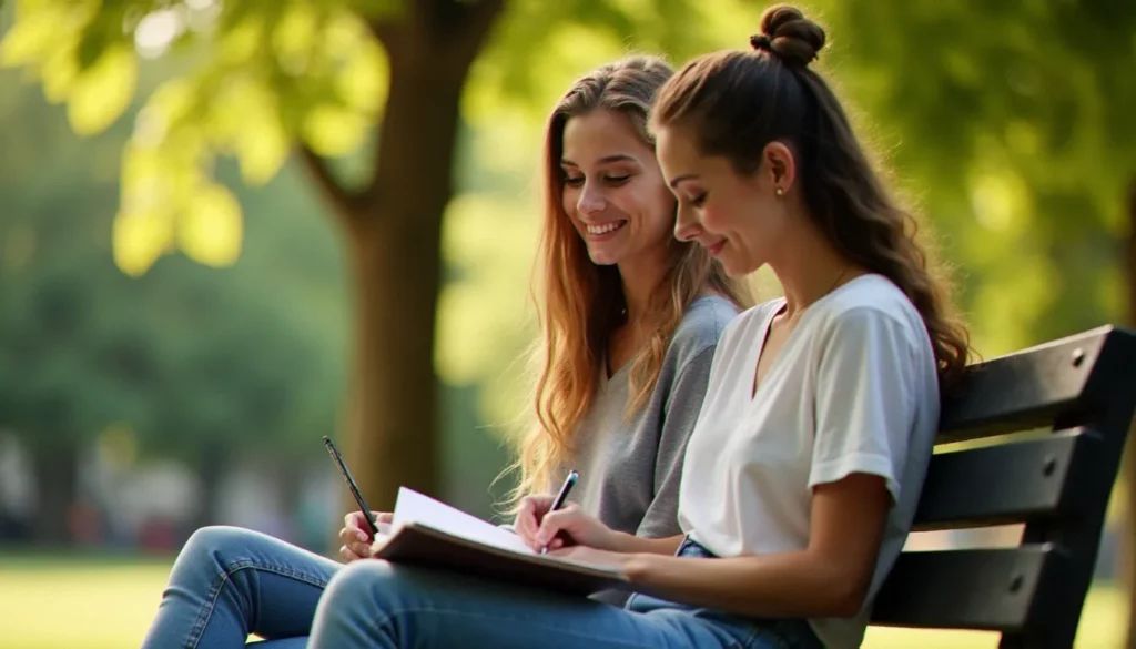 Deux meilleures amies côte à côte sur un banc, l'une réalisant une image meilleure amie dessin dans un carnet, l'autre observant avec un sourire, lumière naturelle douce