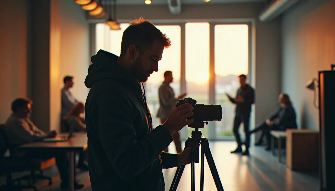 Photographe professionnel préparant une séance portrait en studio pour des vœux d'entreprise, lumière naturelle par grandes fenêtres