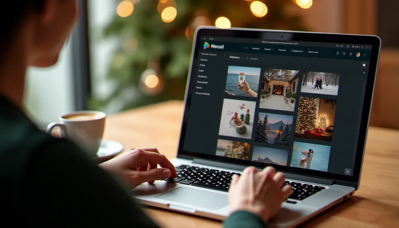 Personne consultant un site de banque d'images sur ordinateur portable pour trouver une image de meilleurs vœux gratuite