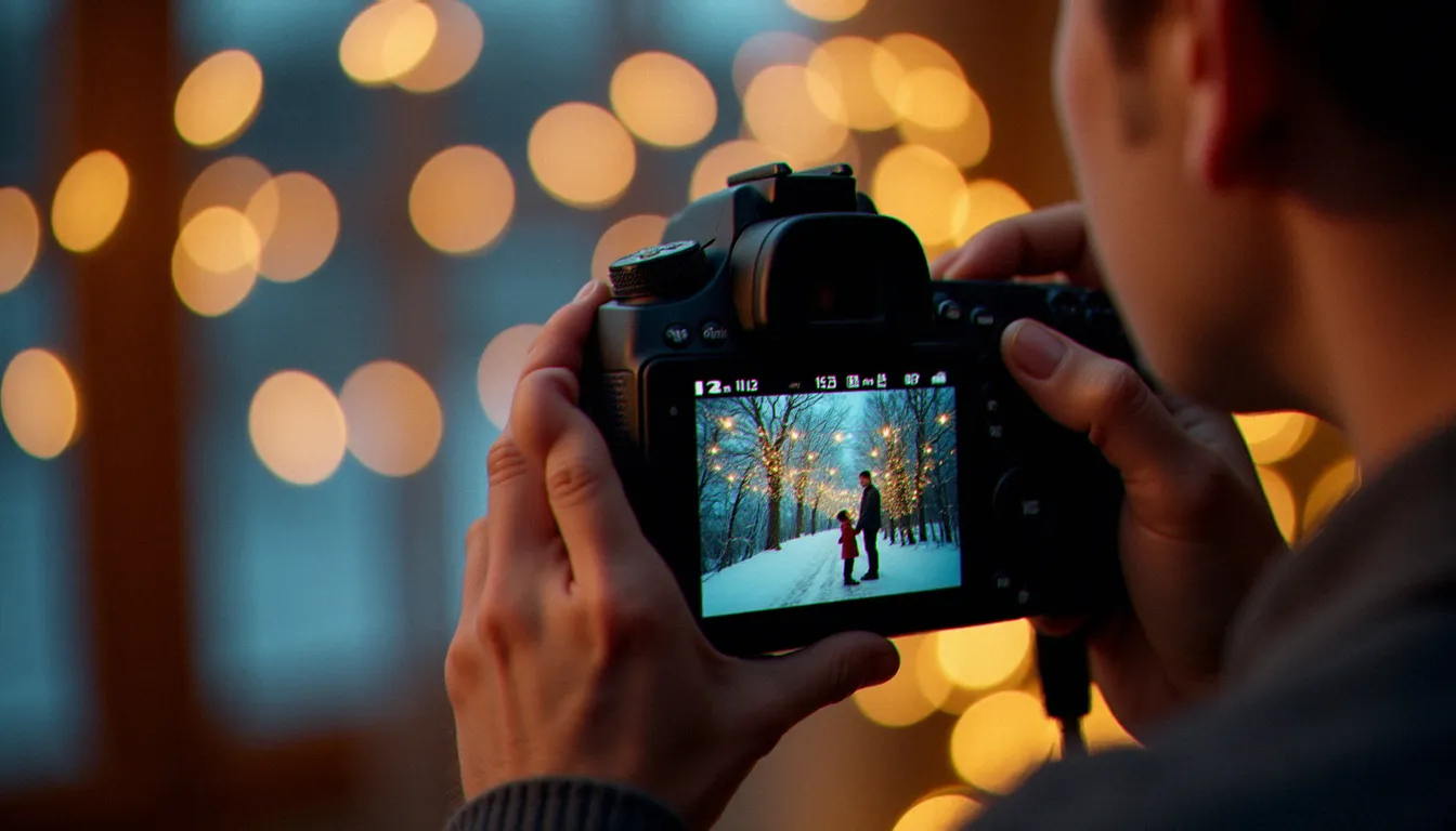 Photographe professionnel sélectionnant des images de fête hivernale sur son appareil photo en studio, illustrant les alternatives aux visuels gratuits génériques