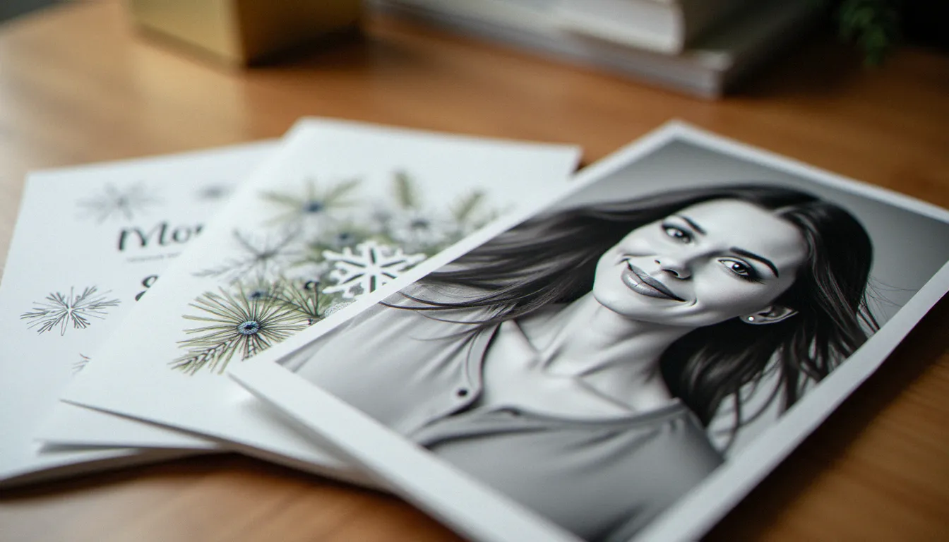 Trois formats de cartes de vœux côte à côte — template générique, illustration aquarelle et photo portrait noir et blanc — comparés sur une table en bois