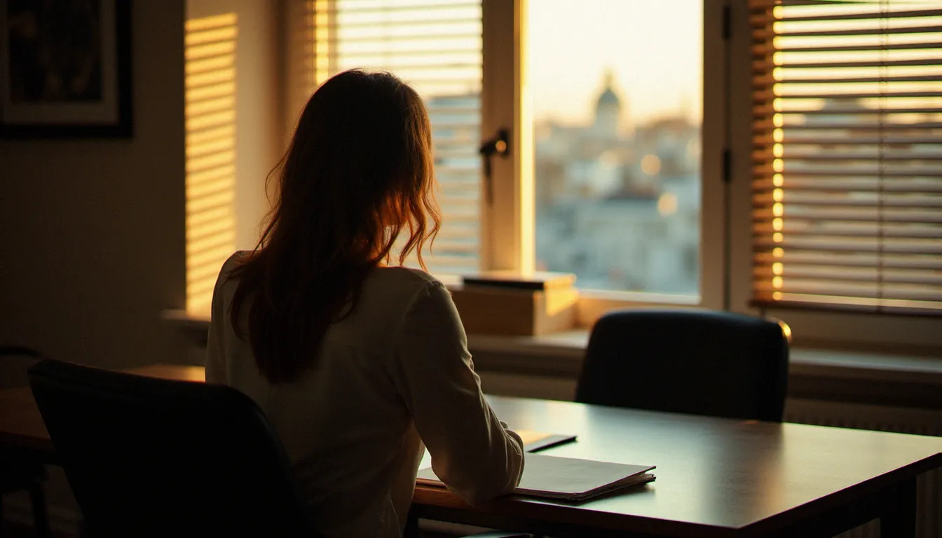 Portrait documentaire d'une professionnelle toulousaine photographiée de dos dans son bureau, lumière de fin d'après-midi, atmosphère sobre et authentique pour une image de vœux personnalisée