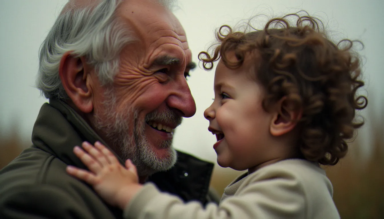 Portrait documentaire d'un homme âgé et d'un enfant partageant un moment de bonheur authentique, lumière naturelle diffuse, composition à hauteur des yeux