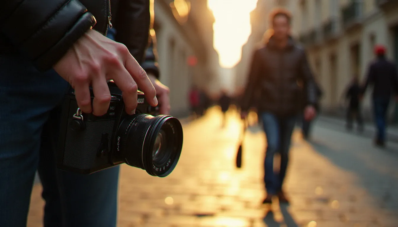 Photographe tenant un appareil photo dans une rue pavée française, lumière rasante de fin de journée, ambiance documentaire de rue