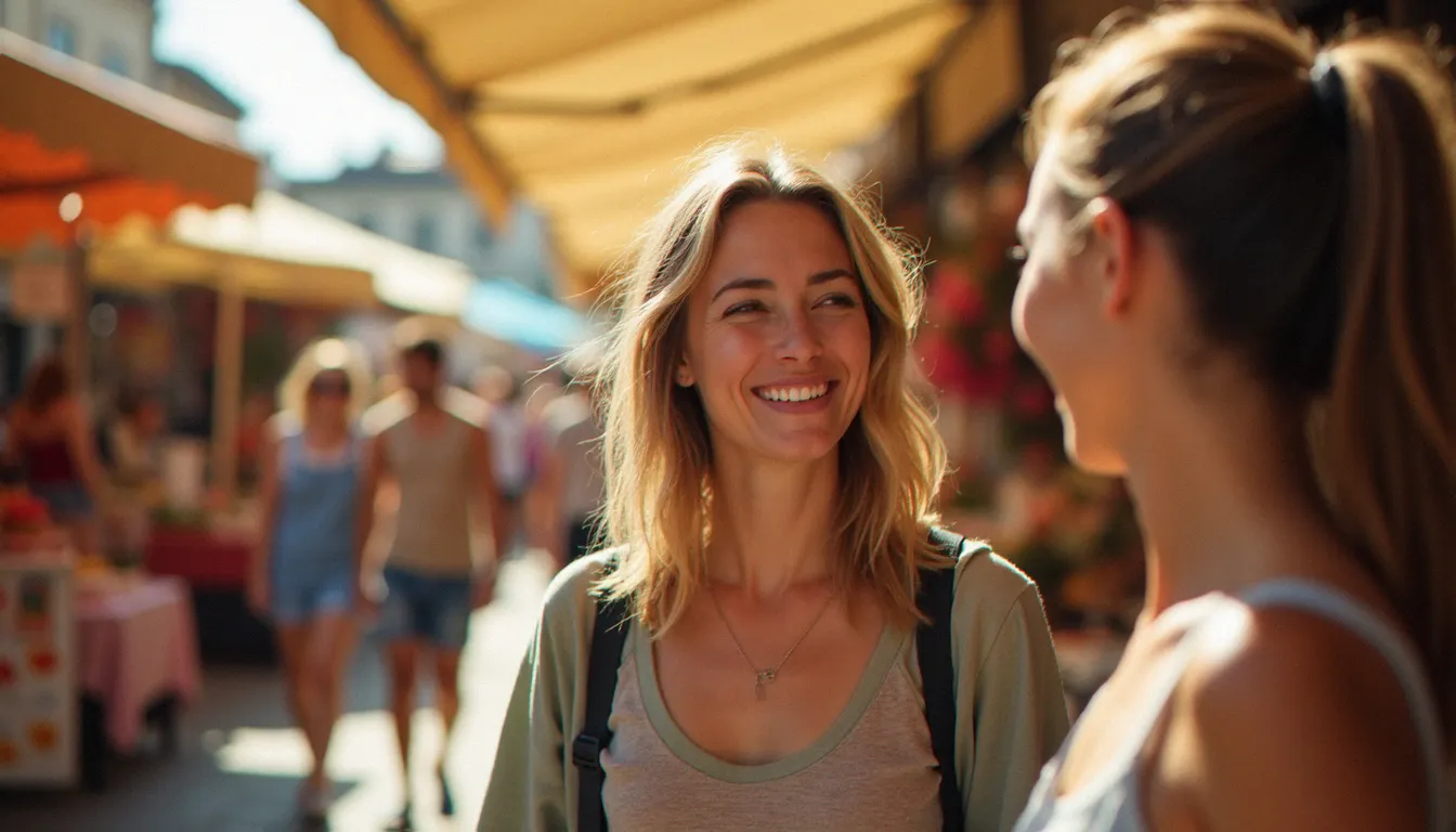 Image recette du bonheur capturée dans un marché en plein air, femme riant spontanément sous une lumière dorée d'après-midi