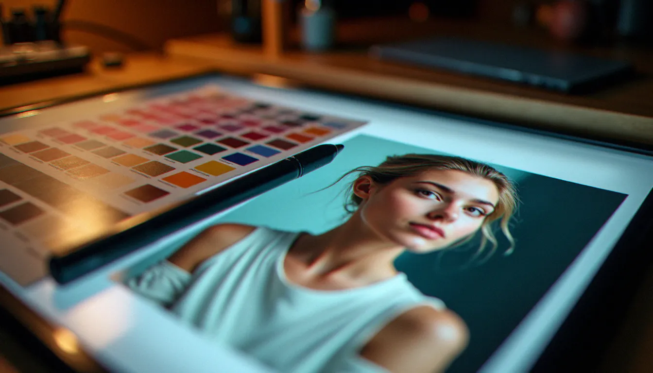 Gros plan d'une photo portrait posée sur table lumineuse, l'arrière plan supprimé révélant la transparence autour du sujet, entourée d'échantillons de couleur