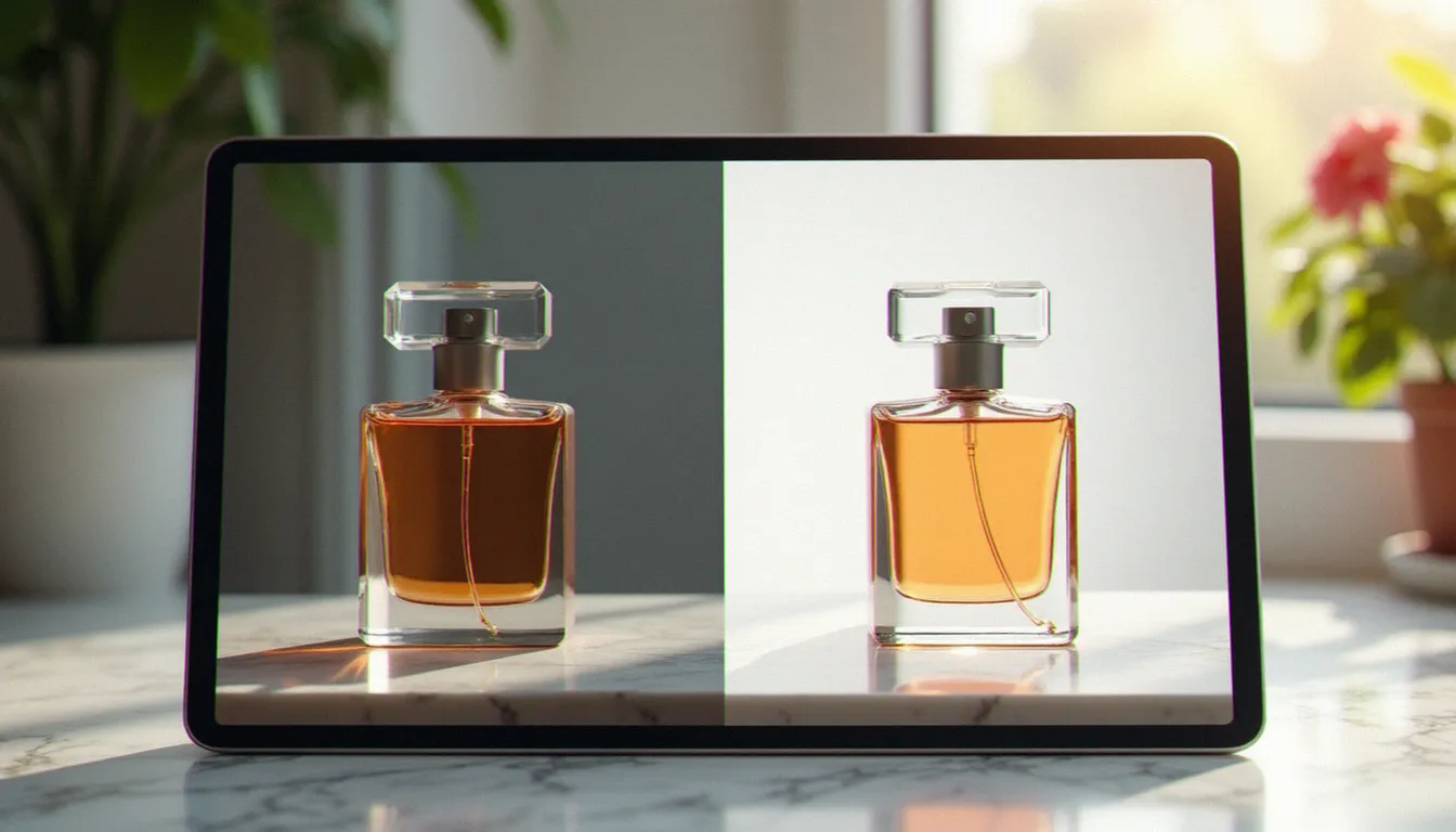 Comparaison sur tablette entre un flacon de parfum avec arrière plan chargé et la même image sans arrière plan sur fond blanc, posée sur marbre