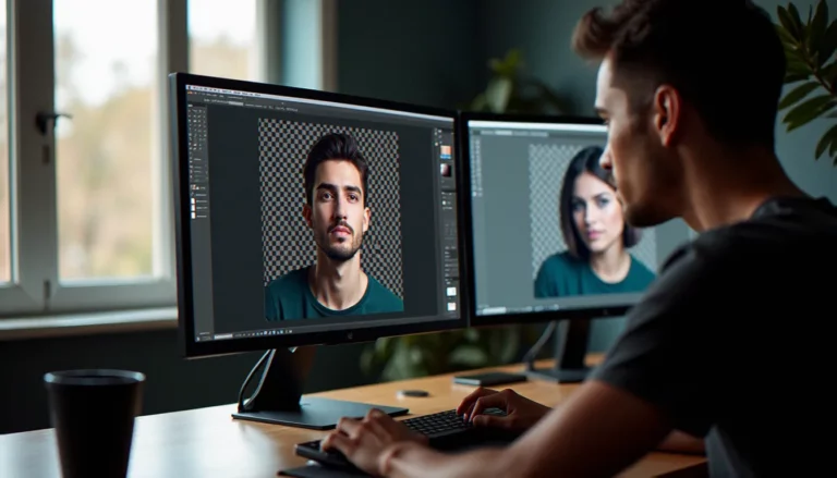Écran d'ordinateur affichant une image sans arrière plan en cours de retouche dans Photoshop, avec le damier de transparence visible autour du sujet