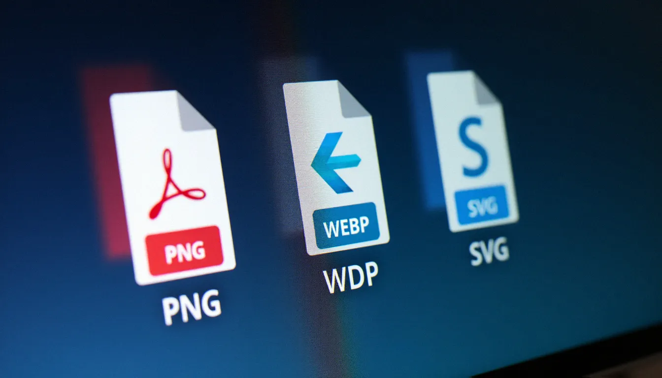 Comparaison visuelle de formats d'image sans fond sur écran — PNG, WebP et SVG — avec aperçu de la transparence en damier sous chaque fichier