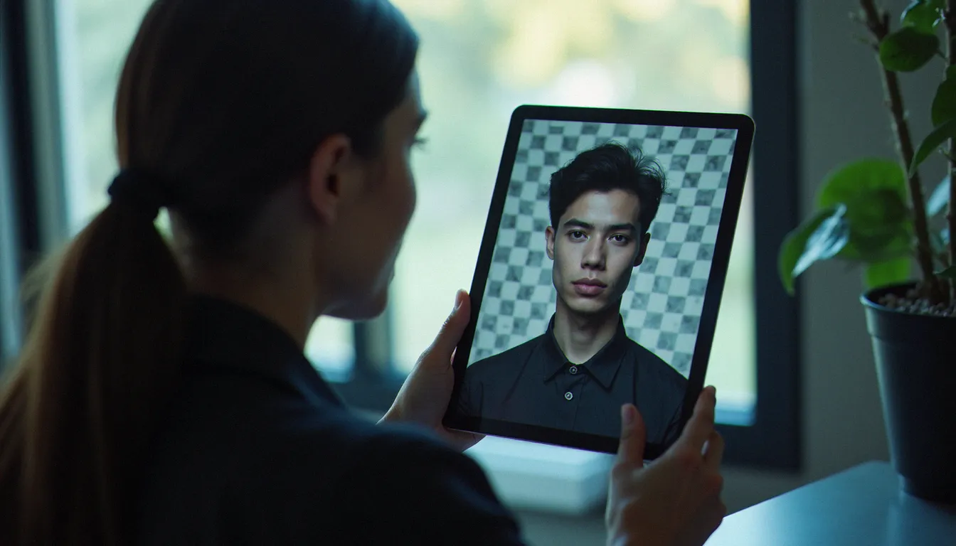 Photographe inspectant les bords d'une image sans fond sur tablette, vérifiant la qualité du canal alpha autour du portrait découpé