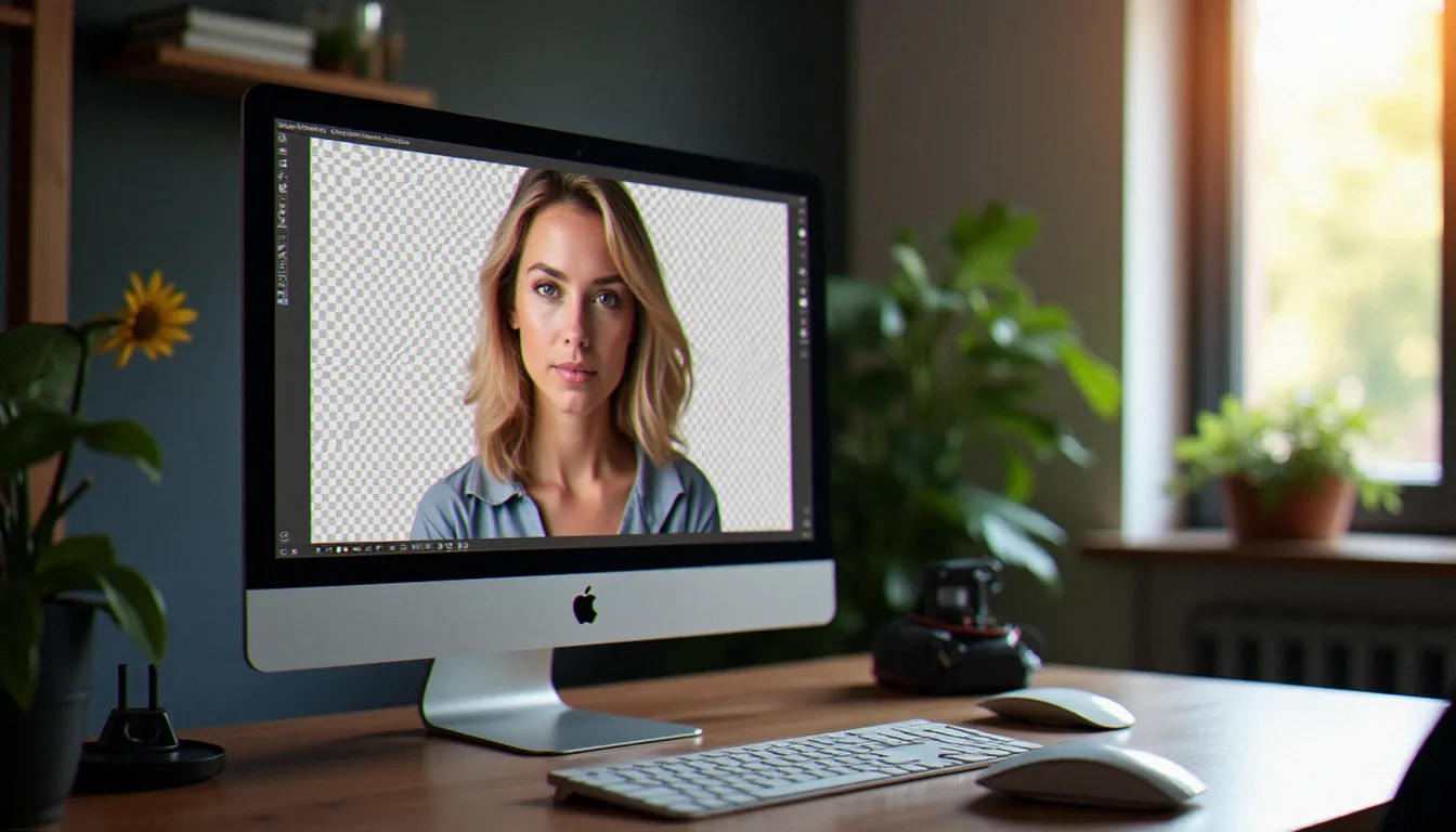 Écran d'ordinateur affichant une image sans fond format PNG avec fond en damier dans Photoshop, sur un bureau de photographe professionnel