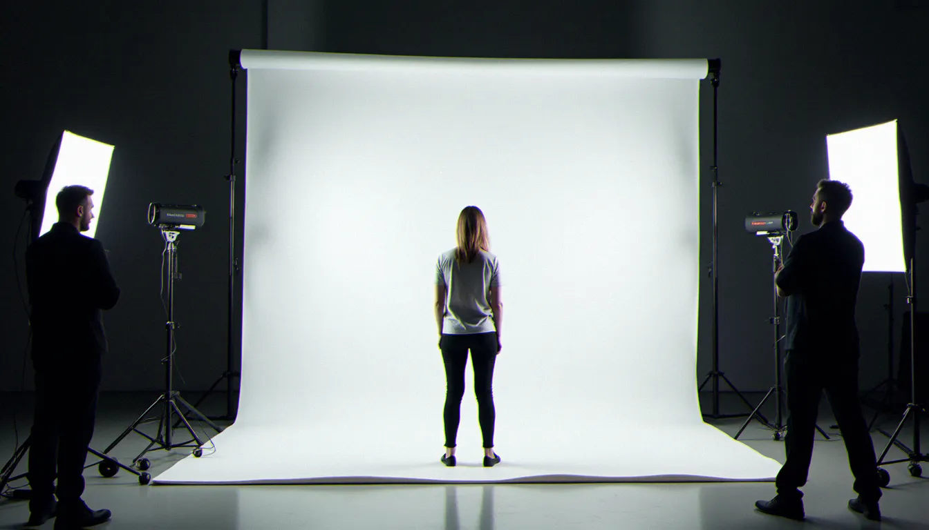 Studio photo professionnel avec fond blanc et éclairages séparés pour faciliter la création d'une image sans fond lors de la prise de vue
