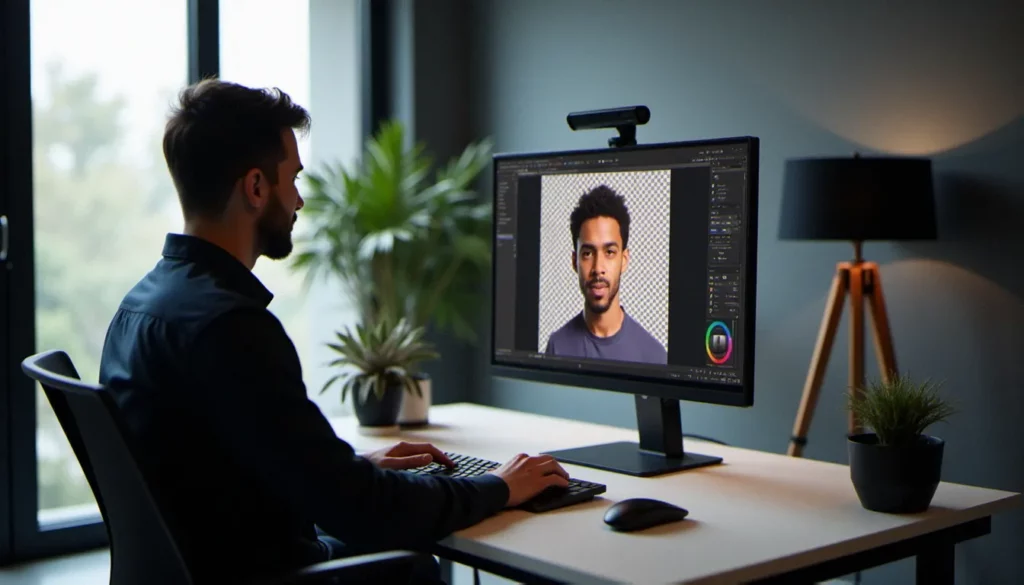 Photographe professionnel retouchant une image sans fond sur son ordinateur en studio, fond transparent visible à l'écran
