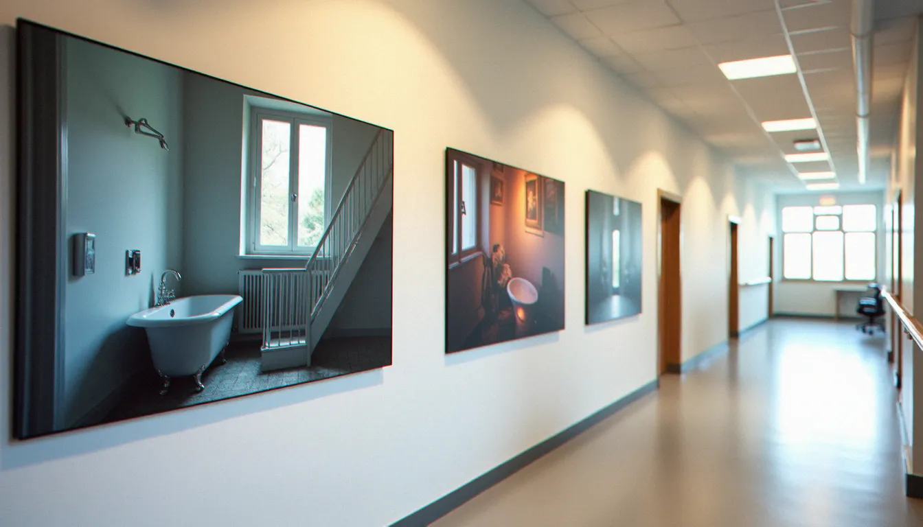 Exposition de photographies pédagogiques sur les dangers domestiques affichées dans le couloir d'une école maternelle à hauteur des enfants