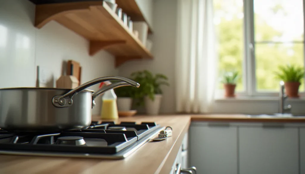 Vue en contre-plongée d'une cuisine domestique montrant plusieurs images de dangers domestiques typiques illustrés pour une utilisation pédagogique en maternelle