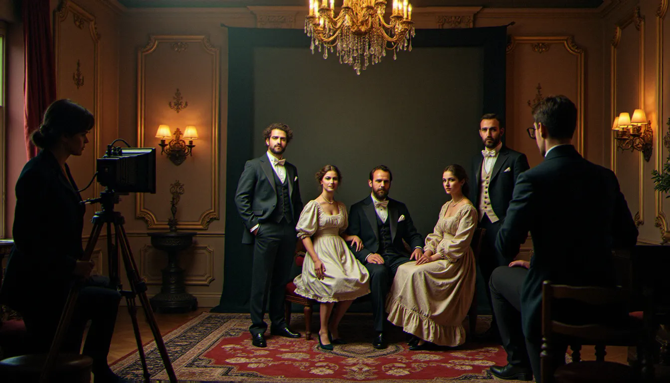 Studio portrait photographique parisien du XIXe siècle avec famille bourgeoise posant pour un daguerréotype, illustrant la démocratisation du portrait par l'invention de la photographie