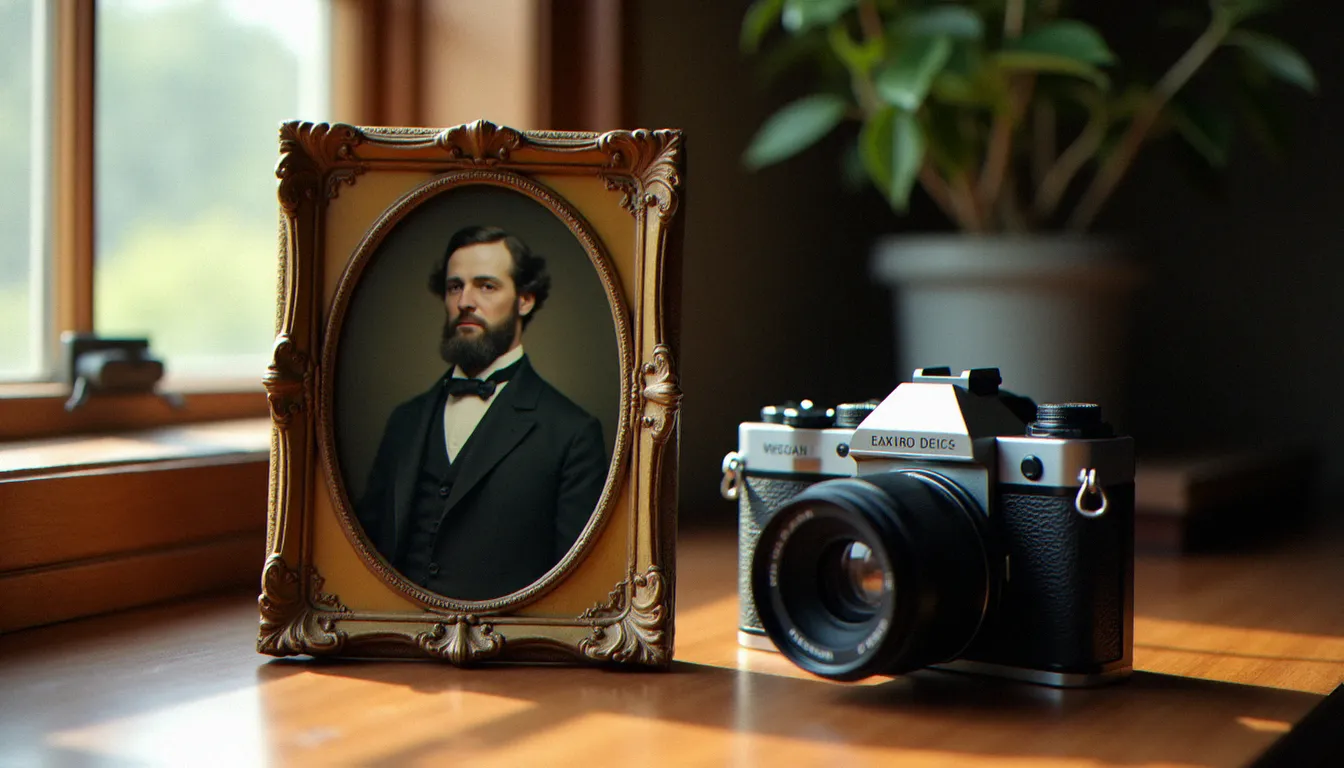 Portrait daguerréotype du XIXe siècle posé à côté d'un appareil photo moderne, illustrant l'invention du XIXe siècle qu'est la photographie