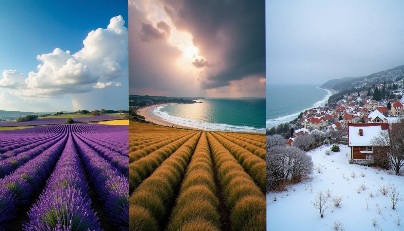 Panorama des territoires photographiés en France, des champs de lavande provençaux aux côtes bretonnes et villages alsaciens