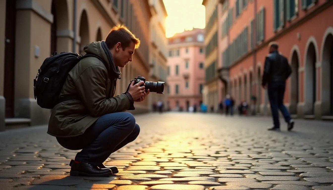 Photographe en action sur une place pavée française à l'heure dorée, illustrant la photo France en milieu urbain