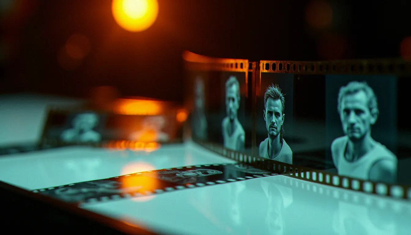 Négatifs de pellicule argentique 35mm posés sur une table lumineuse, révélant des portraits en noir et blanc avec grain visible