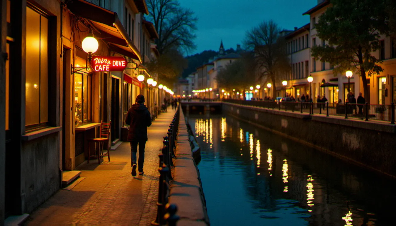 Scène de rue à Toulouse photographiée en photographie argentique au crépuscule, avec grain de pellicule et halos lumineux caractéristiques autour des éclairages urbains