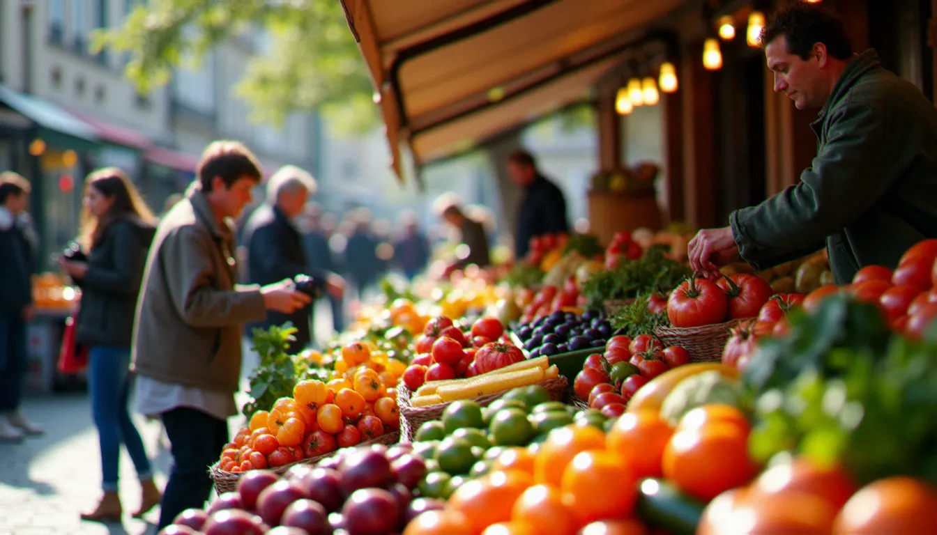 Marché en plein air dans une place française le matin, avec des vendeurs et des passants, lieu typique pour la photographie de rue autour de soi