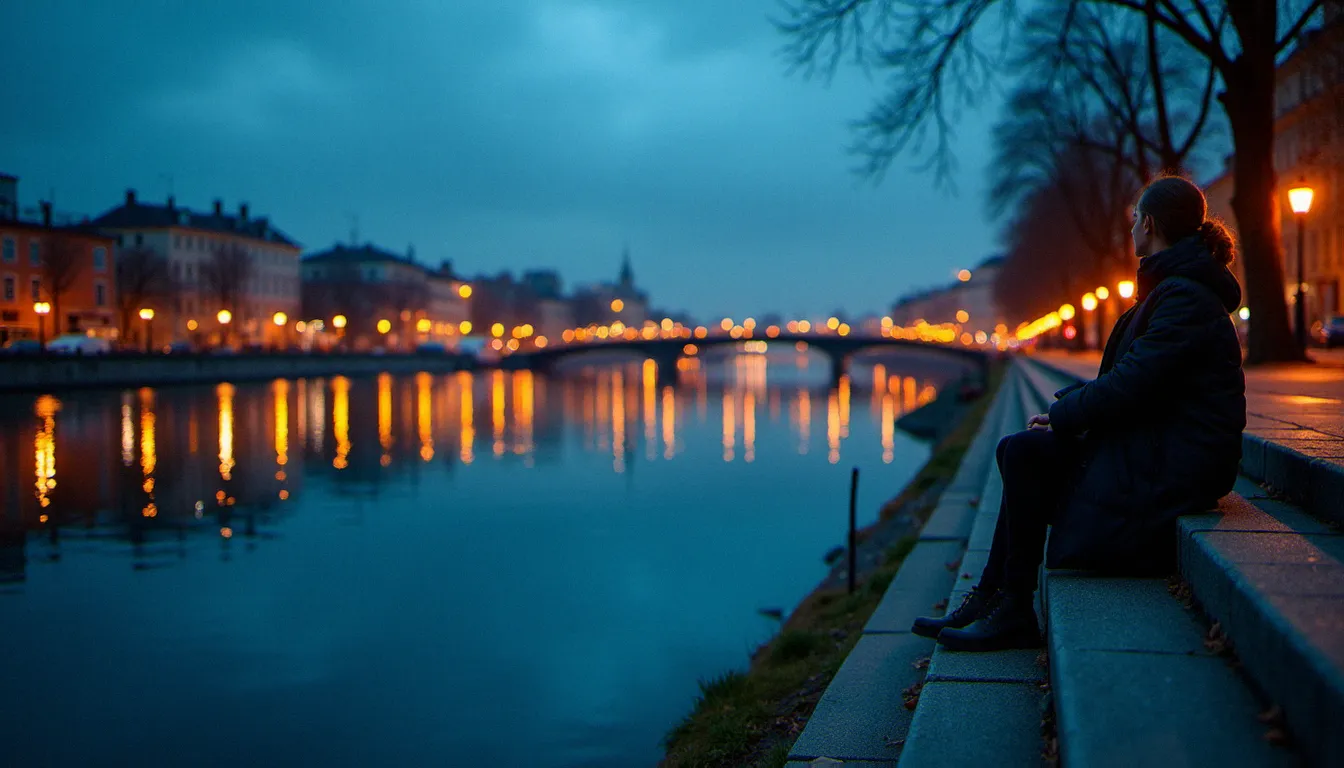 Bord de rivière urbain au crépuscule avec reflets et lumière bleue, scène documentaire illustrant la lumière locale en photographie de proximité