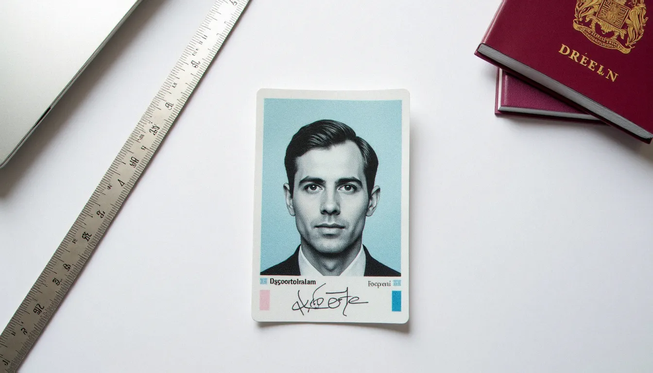 Photo biométrique imprimée au format 35x45 mm posée sur une surface blanche à côté d'un passeport français, illustrant les dimensions réglementaires