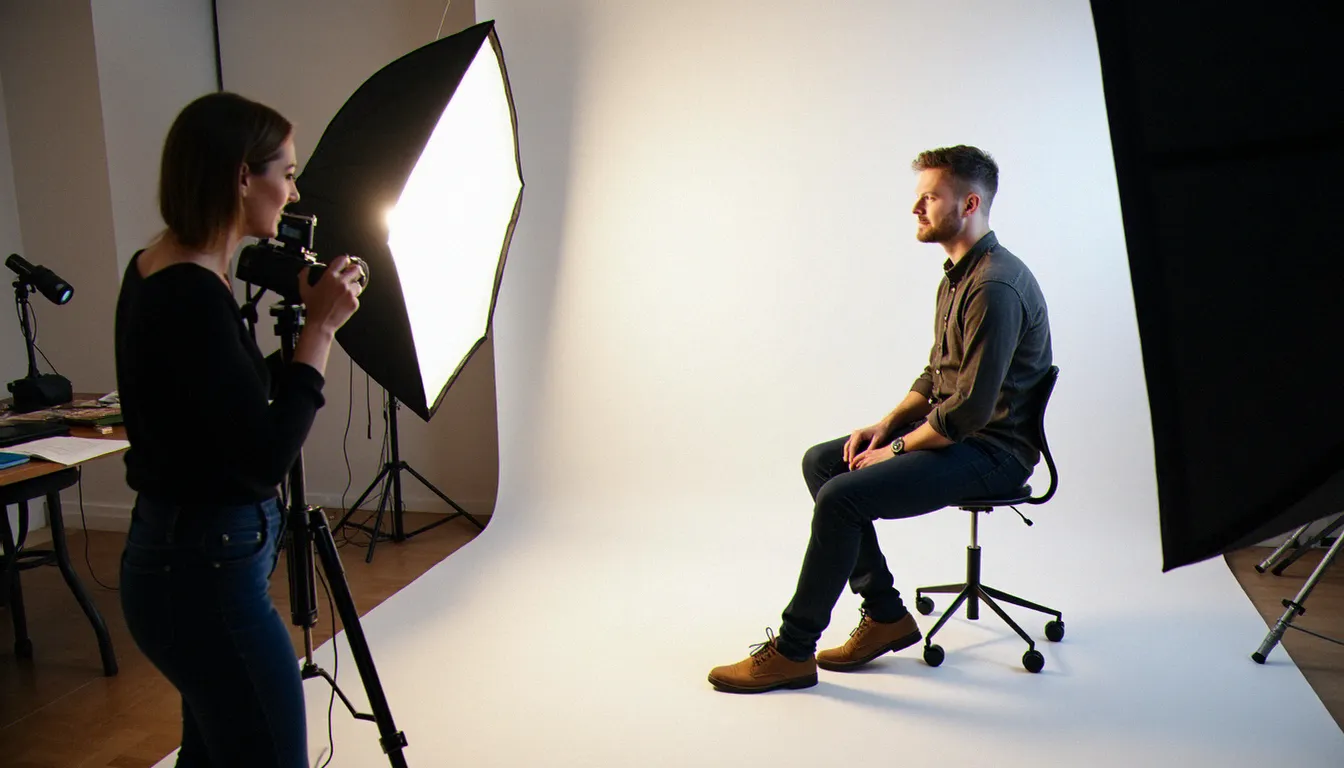 Photographe professionnel à Toulouse réglant l'éclairage en studio pour une séance de photographie biométrique sur fond blanc