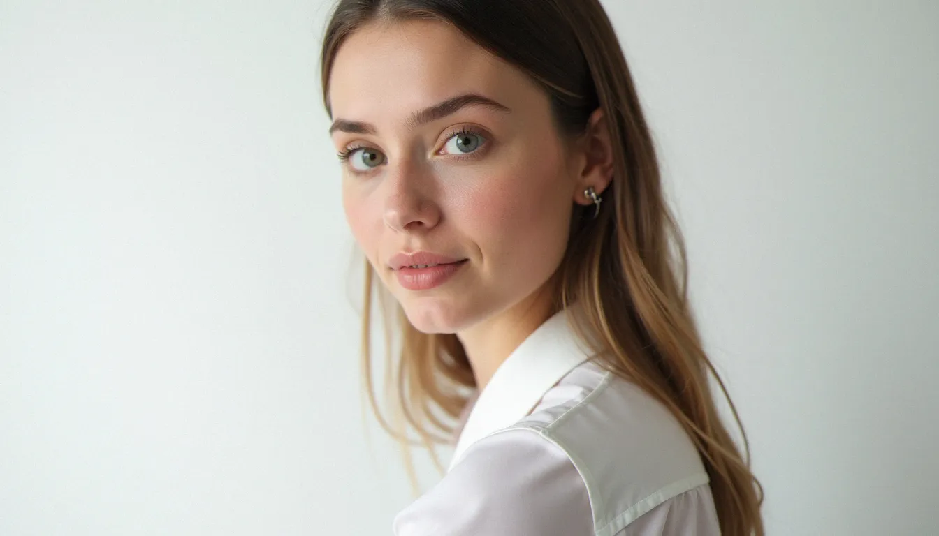 Portrait de face d'une personne en studio sur fond blanc, illustrant les critères d'une photographie biométrique conforme