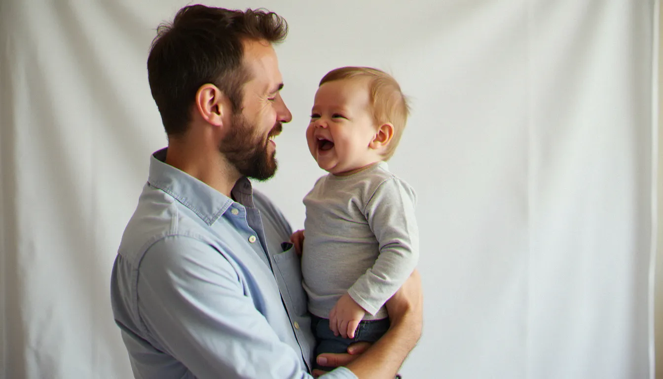 Parent tenant un jeune enfant devant un fond blanc dans un studio photo pour réaliser une photographie d'identité, scène documentaire authentique