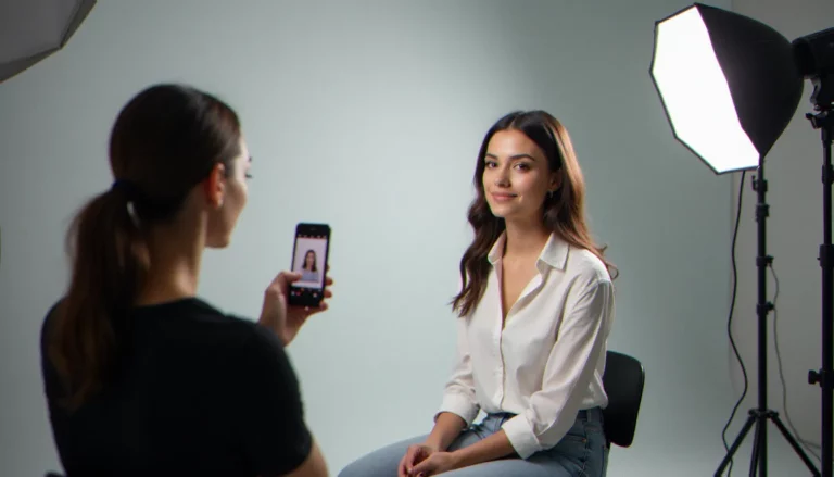 Séance de photographie d'identité en studio professionnel avec fond blanc et éclairage doux, illustrant la prise de vue conforme aux normes officielles françaises