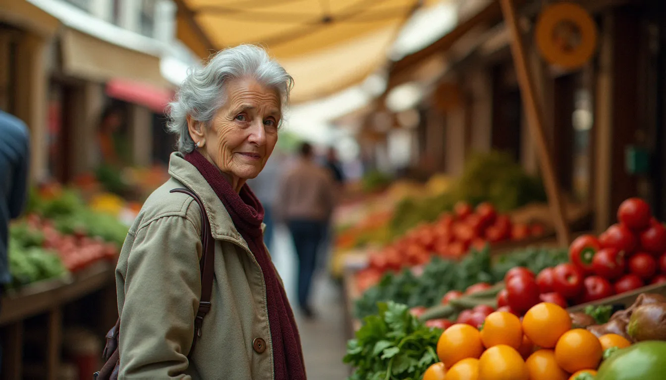 Femme âgée au marché d'une ville française, scène documentaire représentative de la photographie humaniste en France
