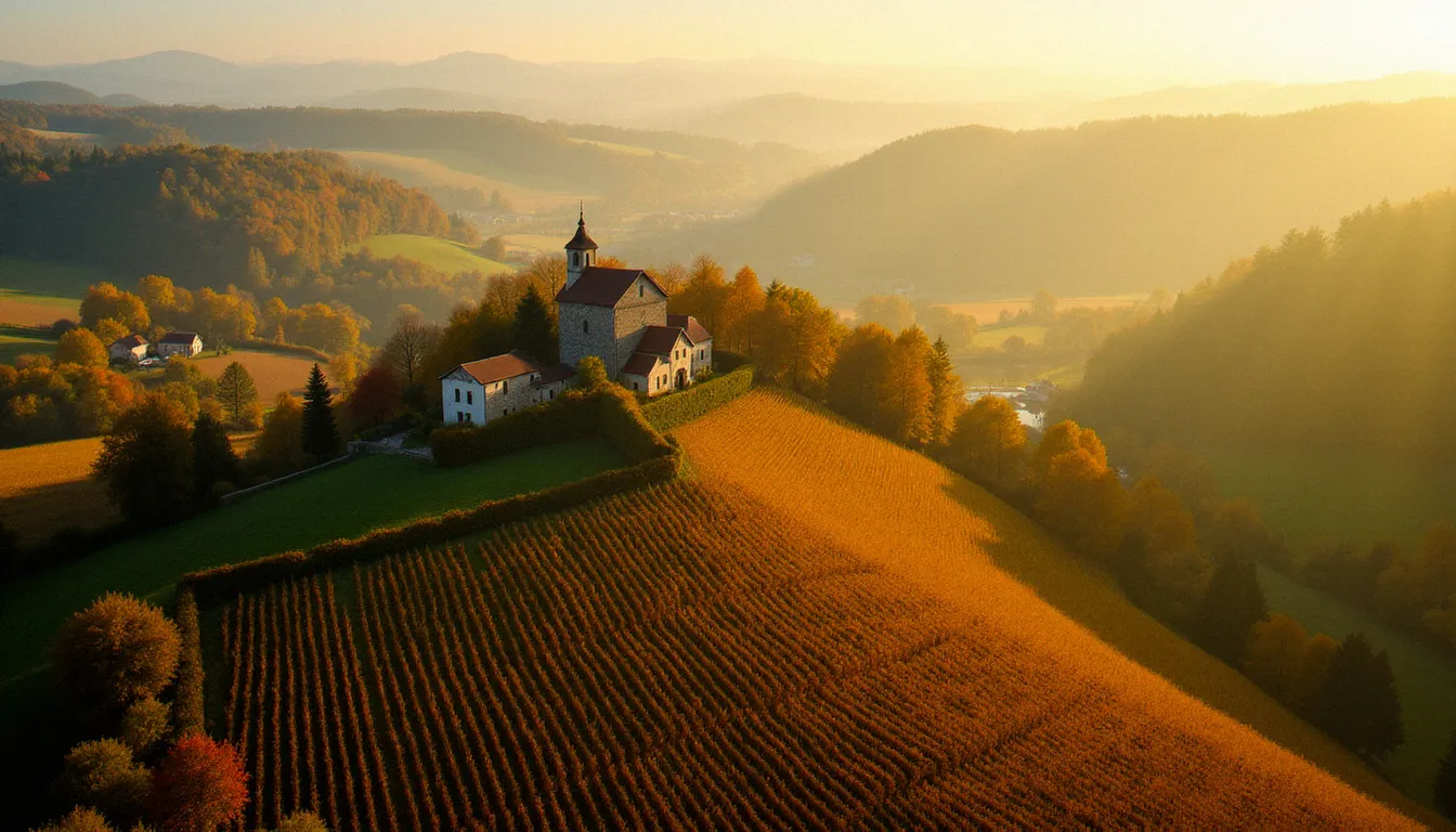 Paysage rural français en automne vu du ciel, vignes dorées et forêts vertes, illustration des lieux de prise de vue pour la photographie en France