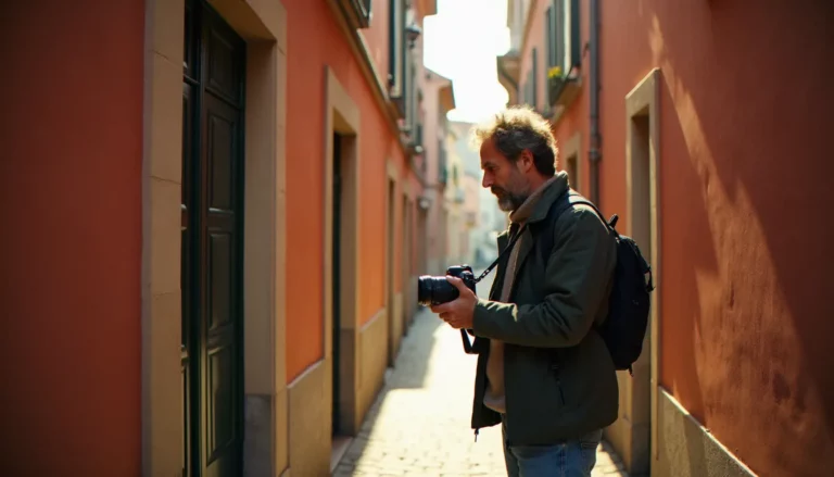 Photographe de rue en France dans une ruelle ensoleillée de Toulouse, illustrant la pratique de la photographie france en lumière naturelle