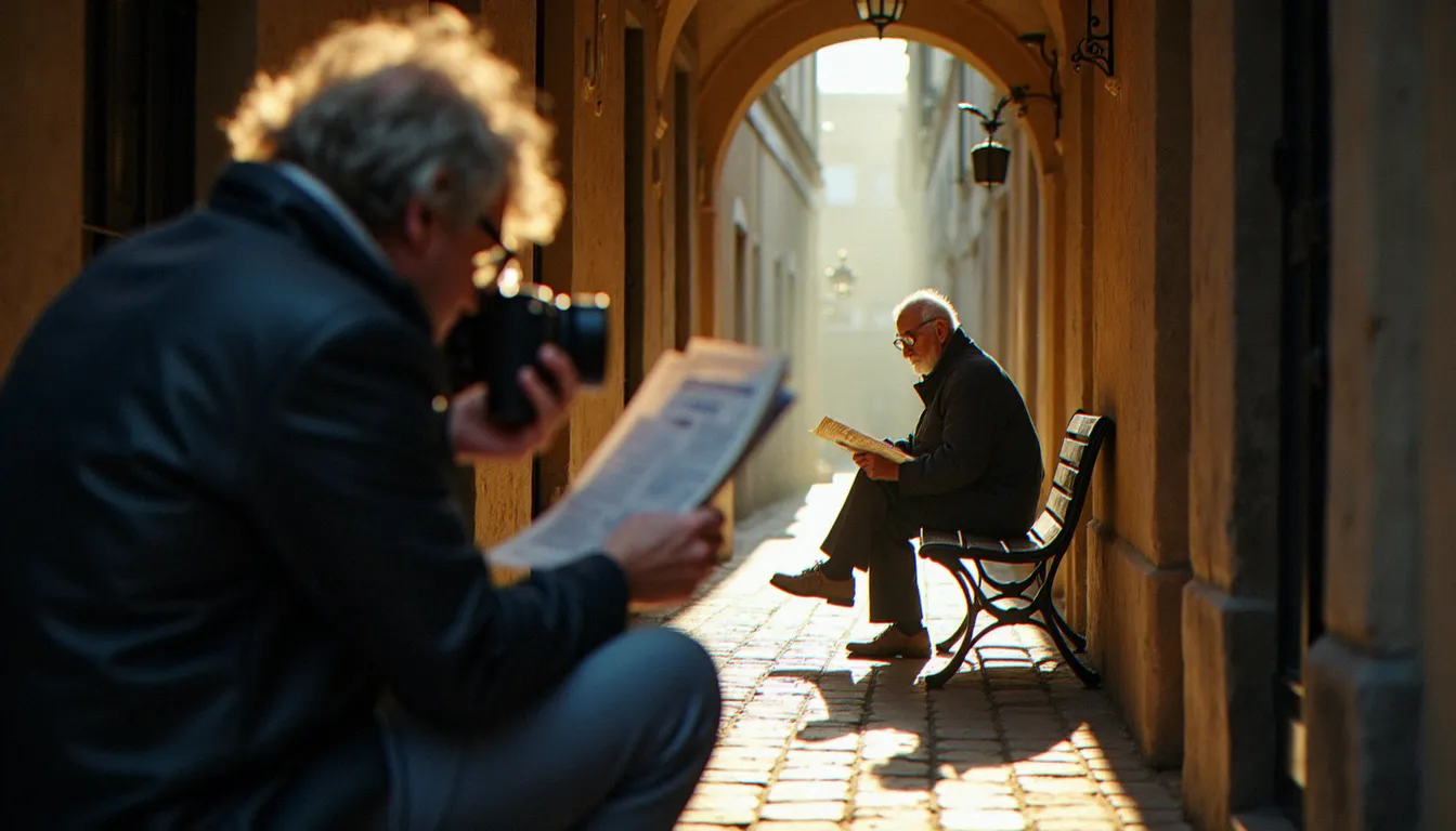 Photographe documentaire observant discrètement un passant dans une ruelle française, illustration du développement du regard photographique personnel