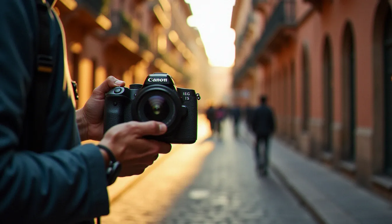 Photographe tenant un appareil photo reflex dans une rue pavée de Toulouse lors d'une séance de photographie guide en lumière dorée