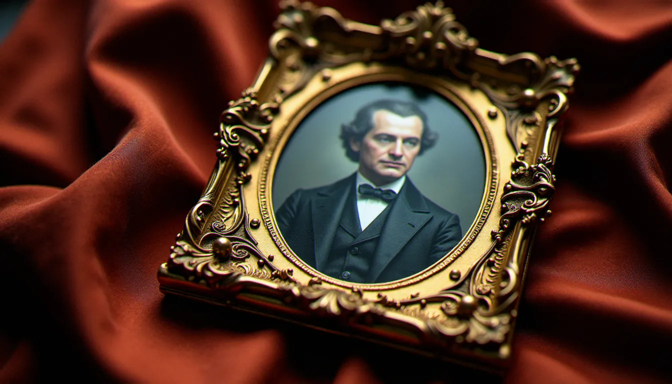 Daguerréotype ancien dans son cadre doré posé sur du velours, montrant un portrait de la première période de la photographie invention