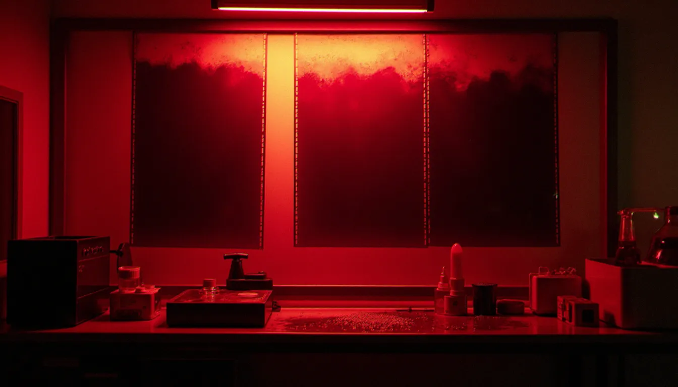 Négatif photographique argentique accroché dans une chambre noire rouge, illustrant l'évolution des procédés depuis l'invention de la photographie jusqu'au film argentique