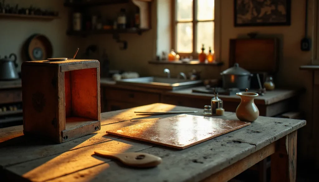 Reconstitution d'un atelier de photographie invention du XIXe siècle avec une chambre noire en bois et des plaques sensibles sur une table en bois