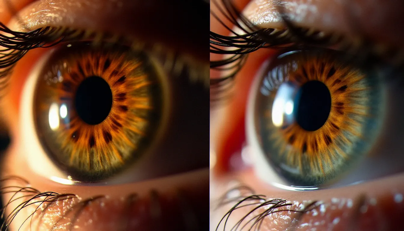 Comparaison de deux photographies d'iris montrant l'effet de l'éclairage annulaire versus l'éclairage latéral LED sur le rendu des textures de l'iris brun
