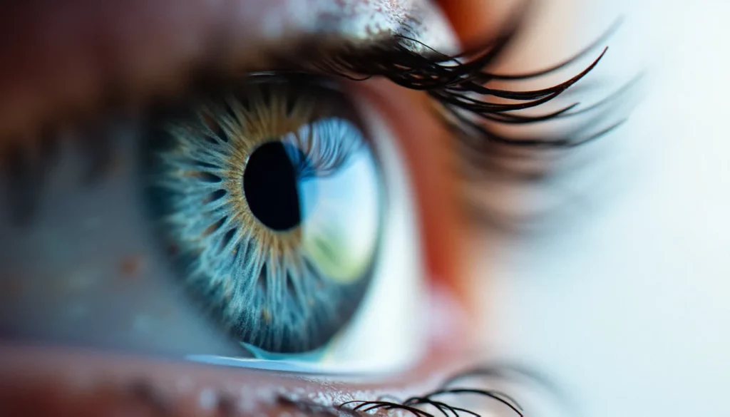 Photographie iris en macro extrême révélant les trabécules et cryptes d'un iris bleu-gris, pupille contractée, lumière studio naturelle