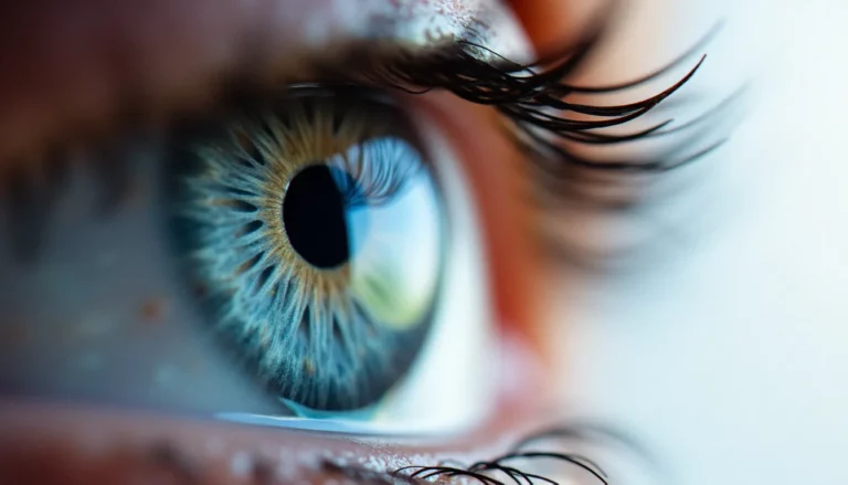 Photographie iris en macro extrême révélant les trabécules et cryptes d'un iris bleu-gris, pupille contractée, lumière studio naturelle