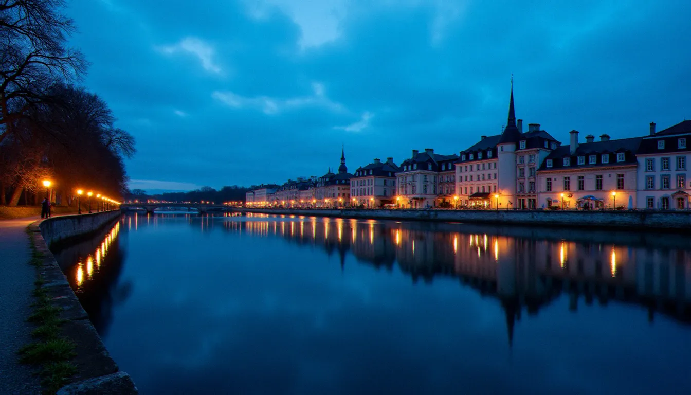 Heure bleue sur les bords de l'Allier à Vichy, reflets de l'architecture thermale dans le fleuve, silhouette d'un photographe en prise de vue longue exposition
