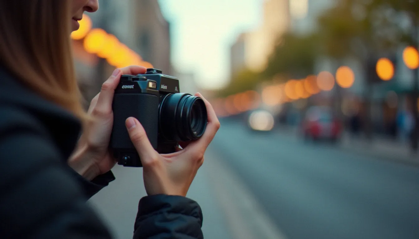 Mains d'un photographe tenant un appareil compact dans la rue, prêt à faire une image avec plaisir dans un contexte urbain