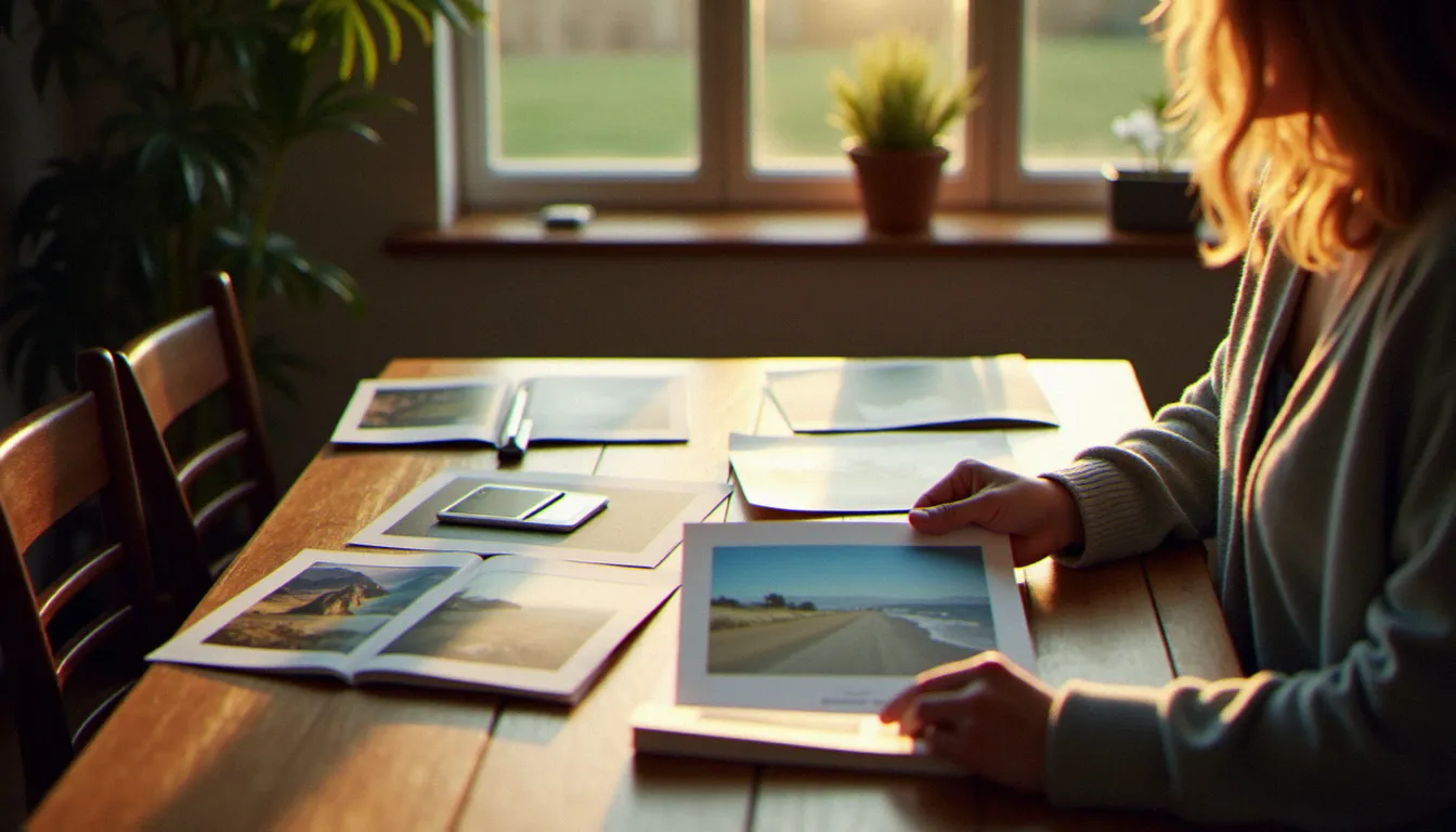 Photographe examinant avec plaisir des tirages papier étalés sur une table en bois, lumière naturelle de l'après-midi, moment de connexion personnelle avec ses propres images