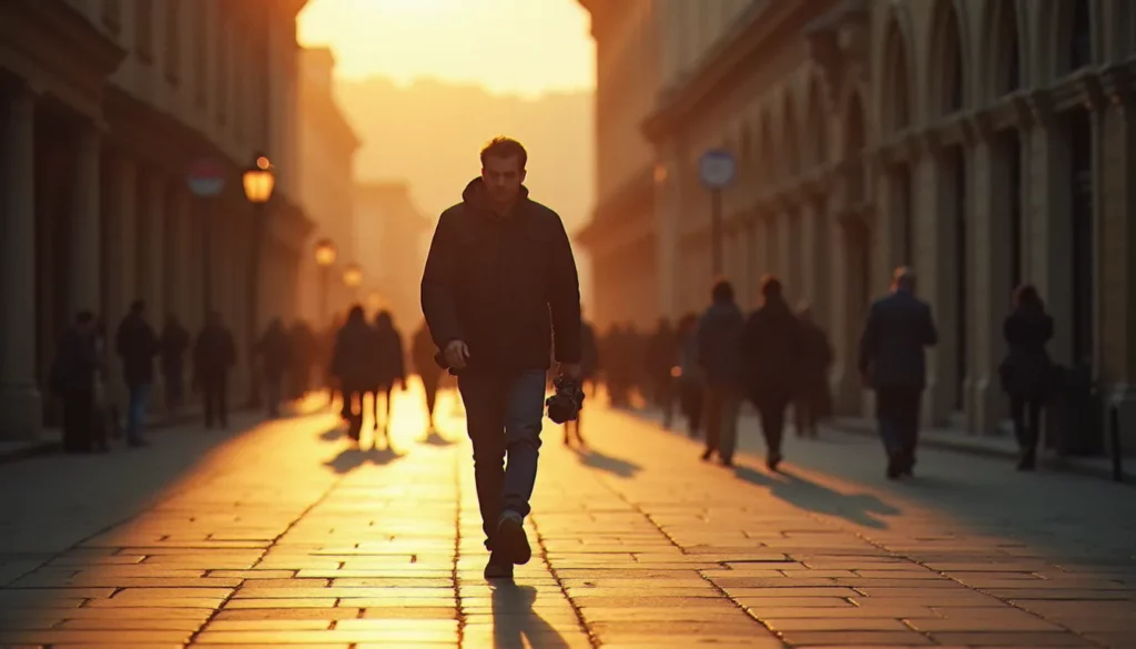 Photographe se promenant avec plaisir dans une vieille place au lever du soleil, appareil photo à la main, lumière dorée rasante, image avec plaisir et liberté créative