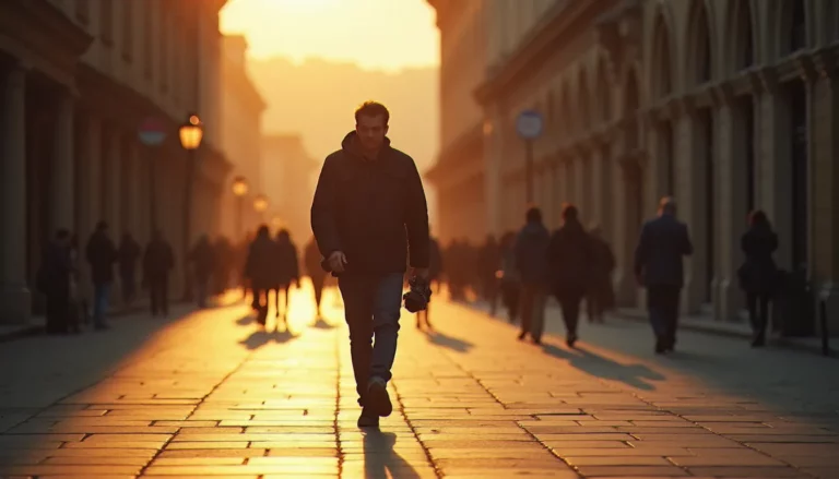 Photographe se promenant avec plaisir dans une vieille place au lever du soleil, appareil photo à la main, lumière dorée rasante, image avec plaisir et liberté créative